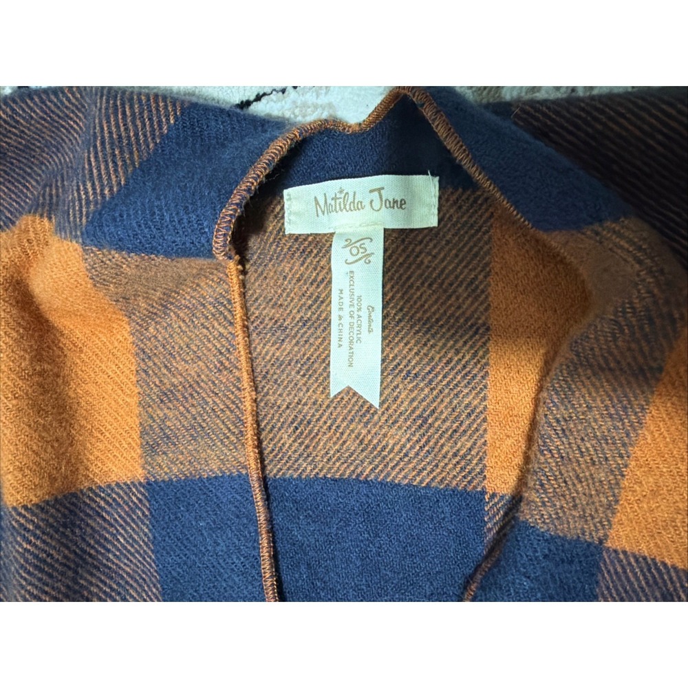 Matilda‎ Jane Warm Sunset Orange Navy Buffalo Plaid Check Fringe Poncho O/S